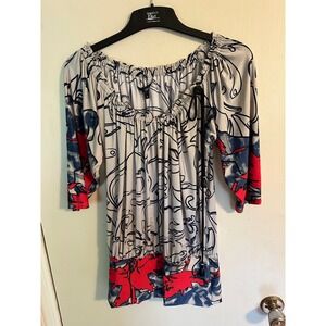 Analili Floral Print Blouse Beaded Drawstring Neckline Top Size S